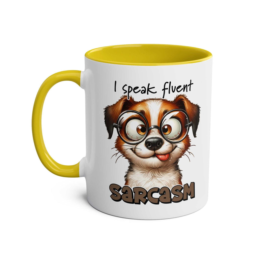 Sarcasm Coffee Mug with quirky dog design, 11oz ceramic, glossy finish, microwave and dishwasher safe.