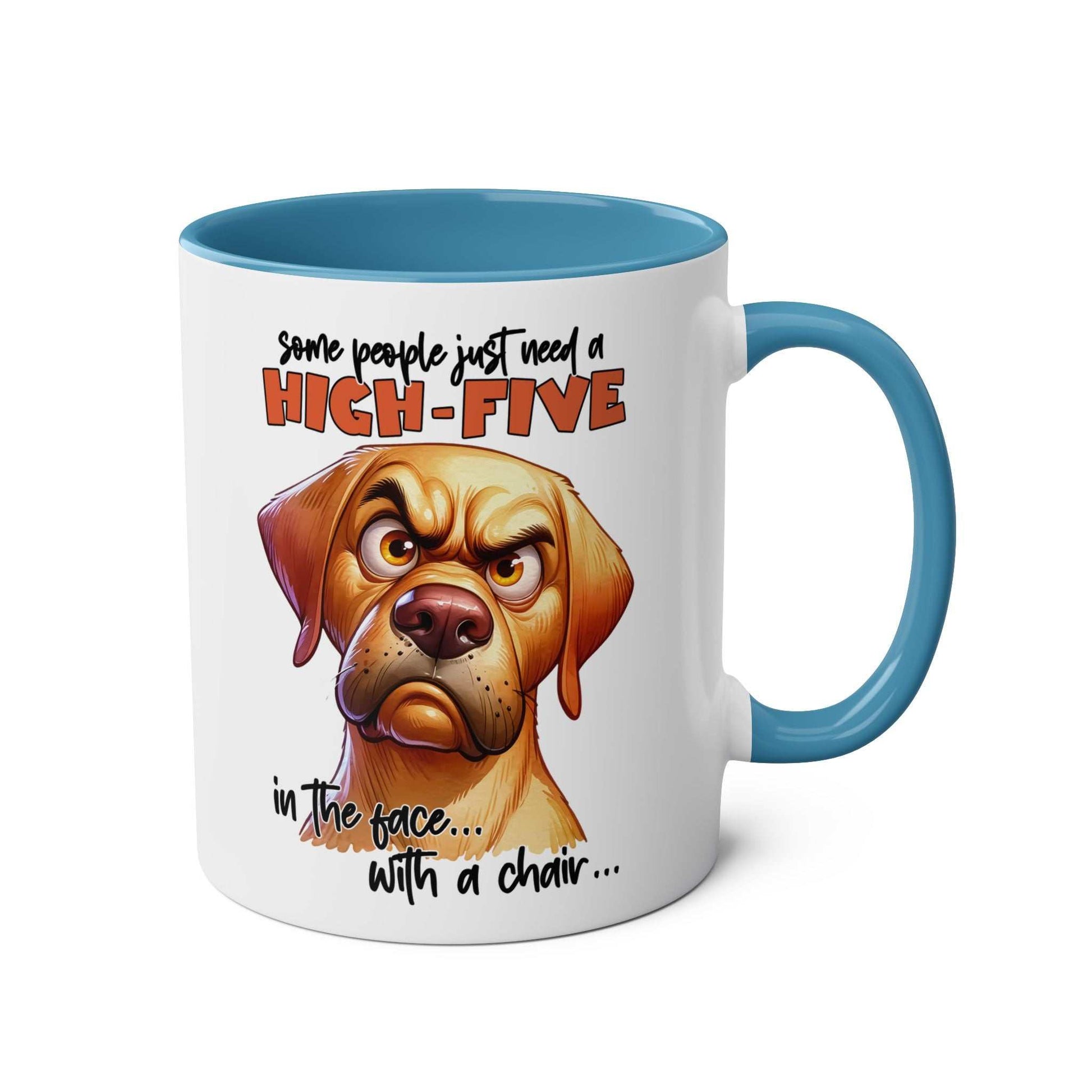 Snarky dog graphic on High Five Coffee Mug with blue interior and handle.