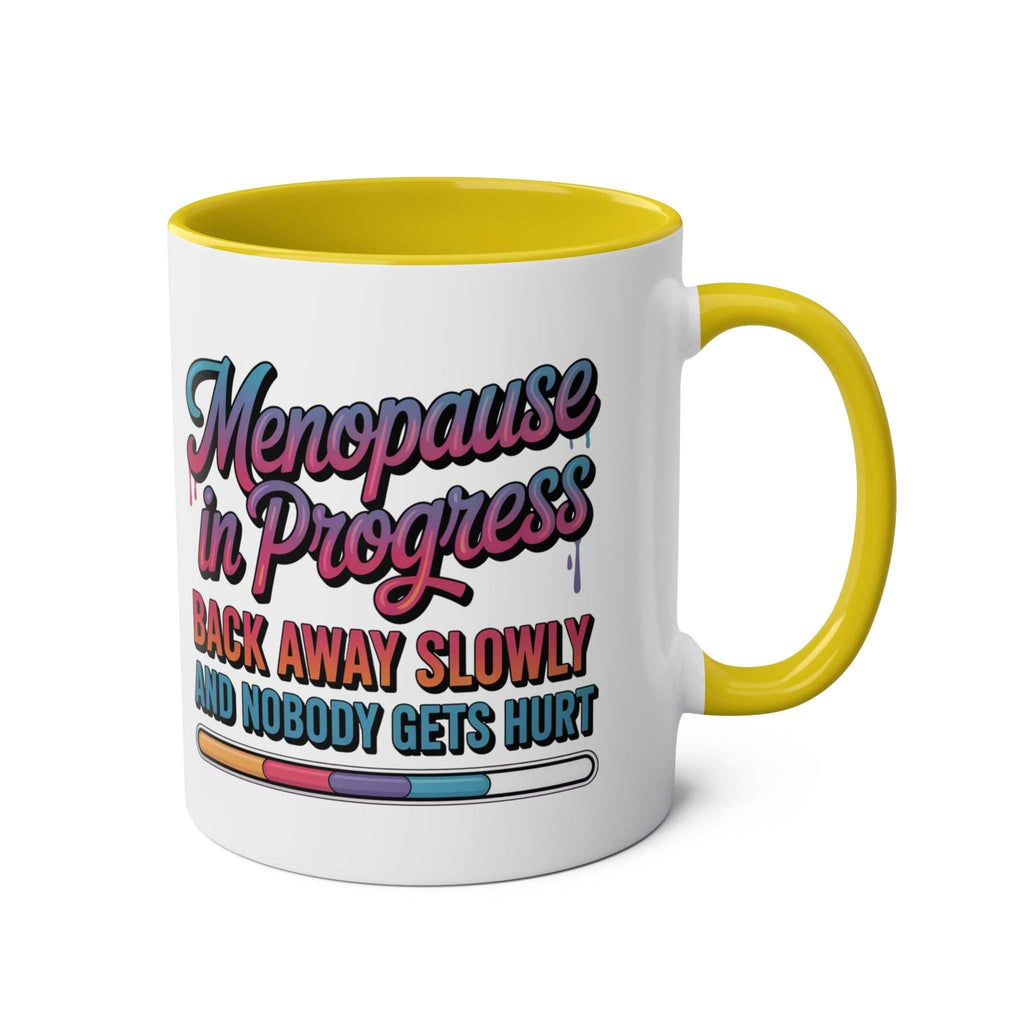 Menopause in Progress Mug with bold text and colorful design for menopause humor gift