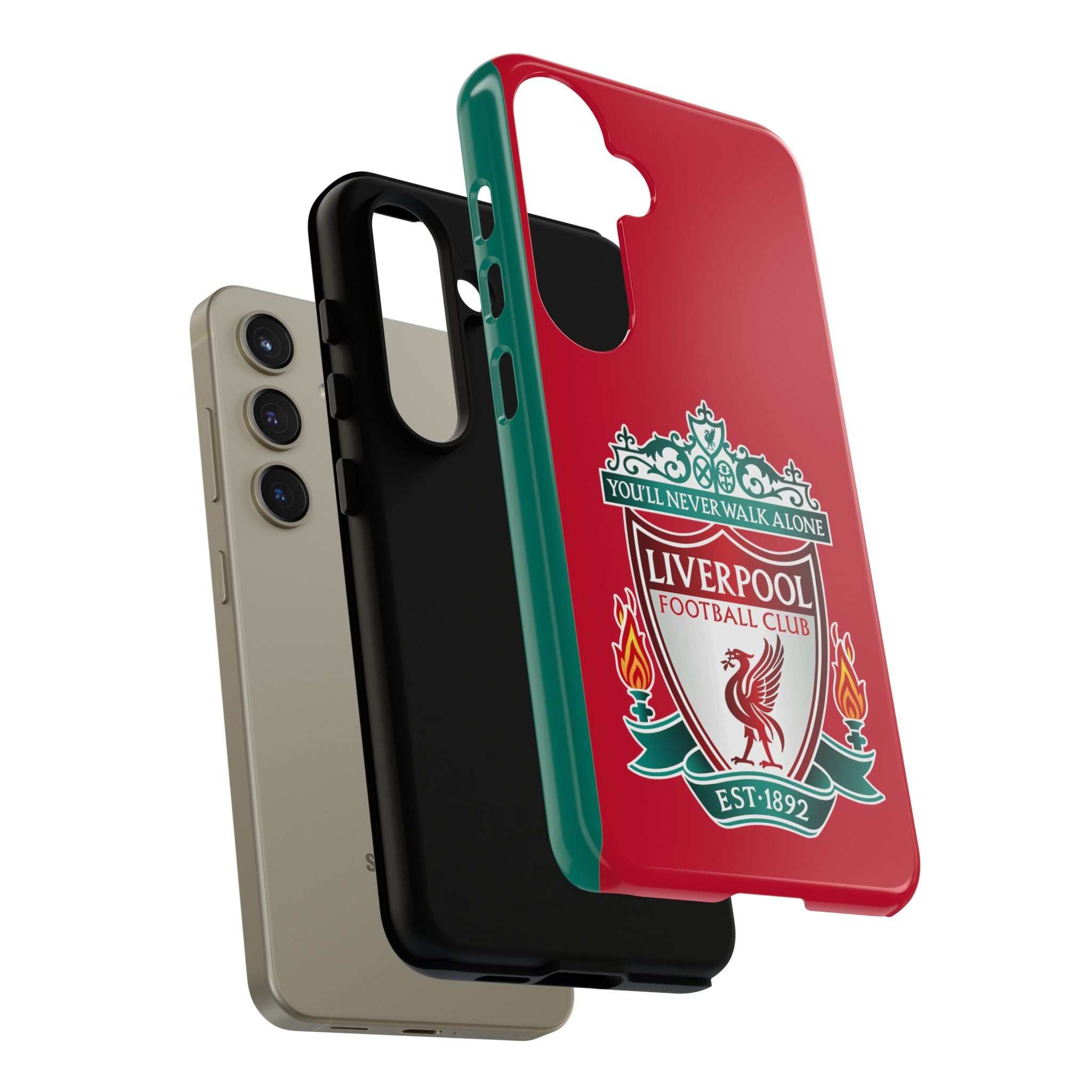 Liverpool FC magnetic shockproof Samsung Galaxy phone case in red with dual-layer protection and wireless charging compatibility