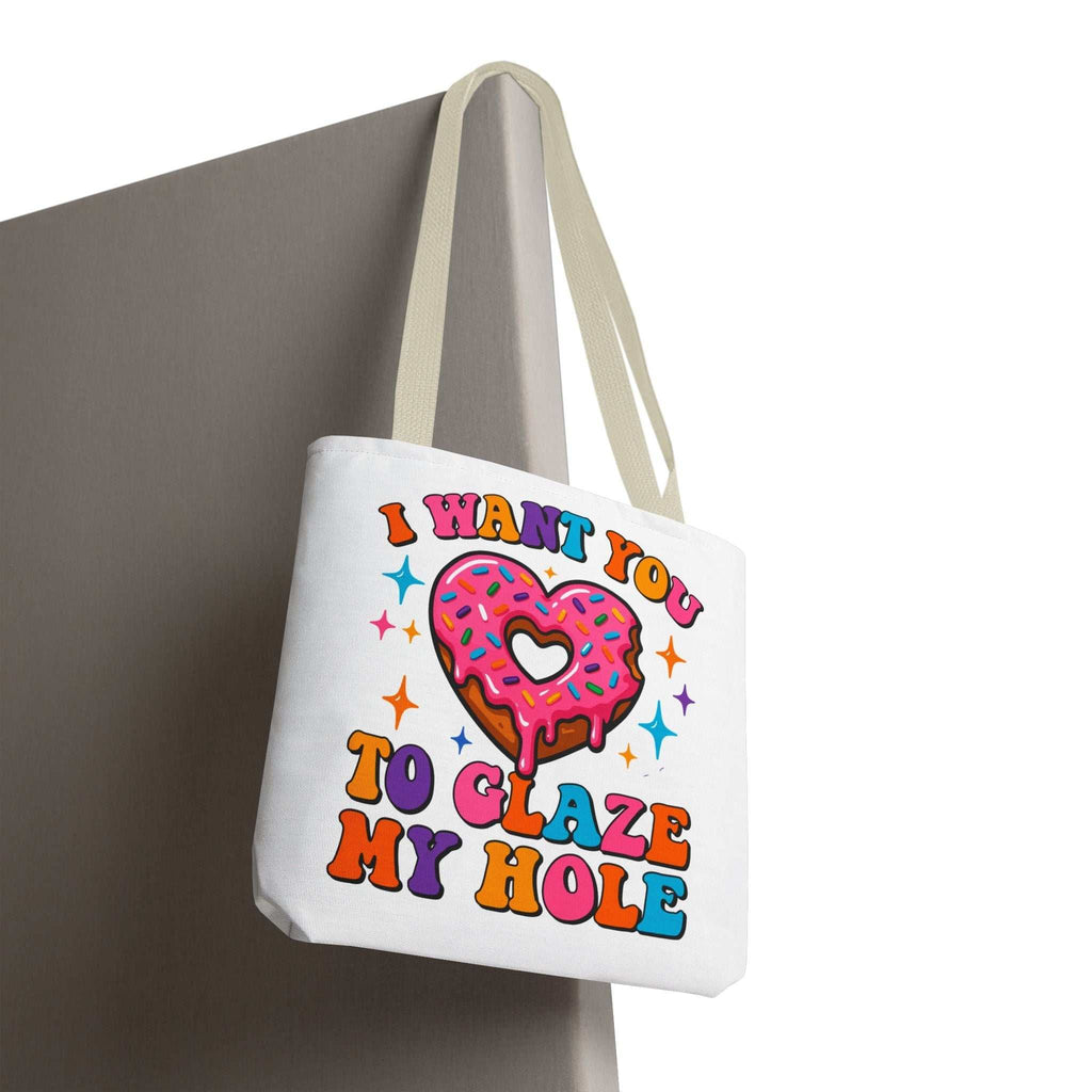 Glaze My Hole Donut Tote Bag with cheeky donut design, durable polyester, and cotton straps in multiple sizes and colors