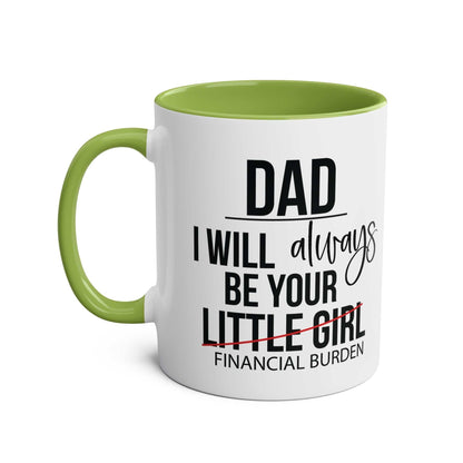 Fun Fathers Day Gift Mug with humorous text for dads, green handle and interior, 11oz, ceramic, glossy finish.