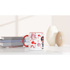 Cute personalized Valentines Day mug with colorful designs and red handle, perfect romantic gift.