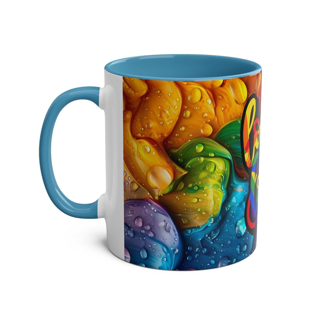 LGBTQ+ Pride mug with vibrant rainbow design, glossy ceramic finish.