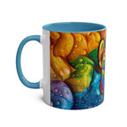 LGBTQ+ Pride mug with vibrant rainbow design, glossy ceramic finish.