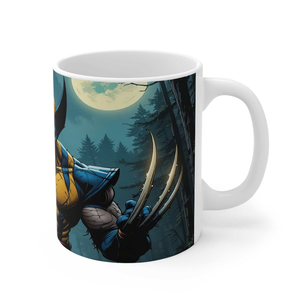 Wolverine-inspired ceramic coffee mug with glossy finish featuring fierce claw design under full moon, microwave and dishwasher safe, 11oz capacity