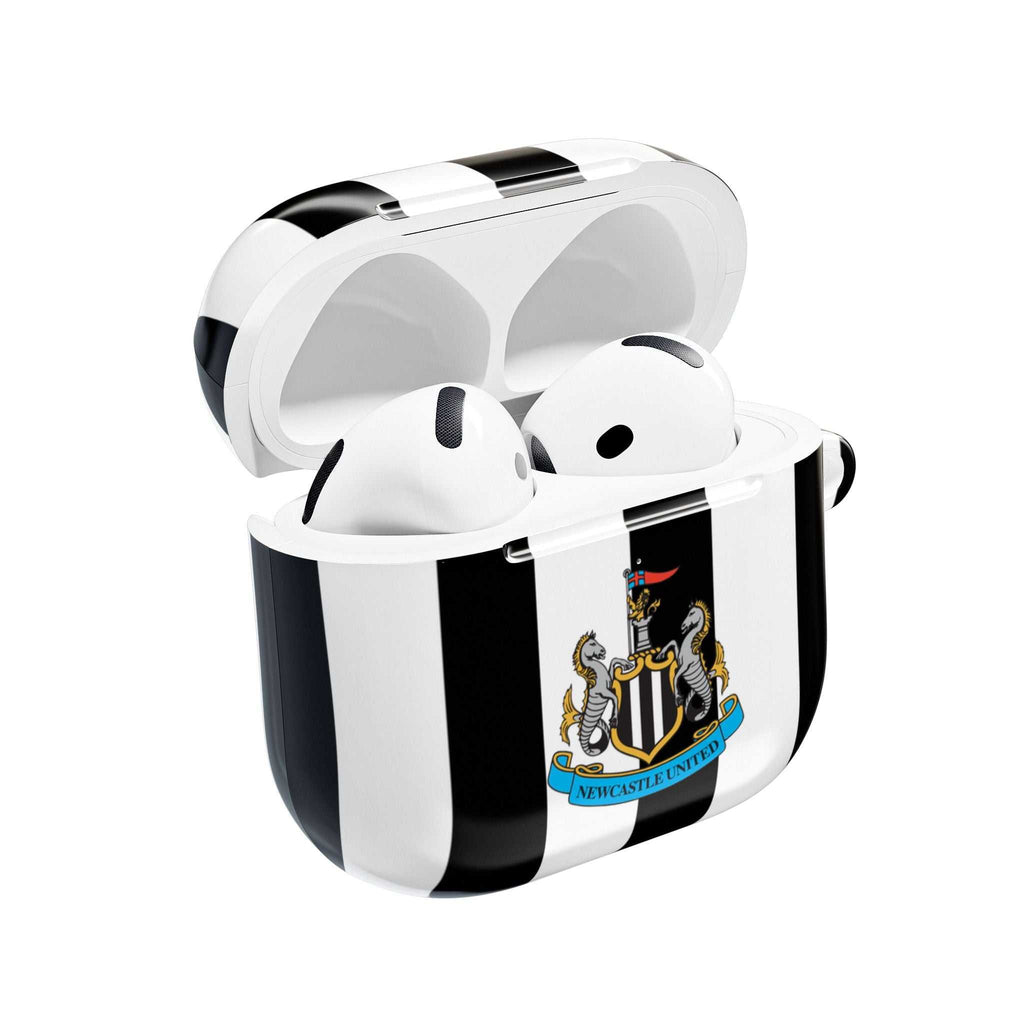 Newcastle Utd FC AirPods Pro case with black and white stripes and club crest, shock-resistant and wireless charging compatible.