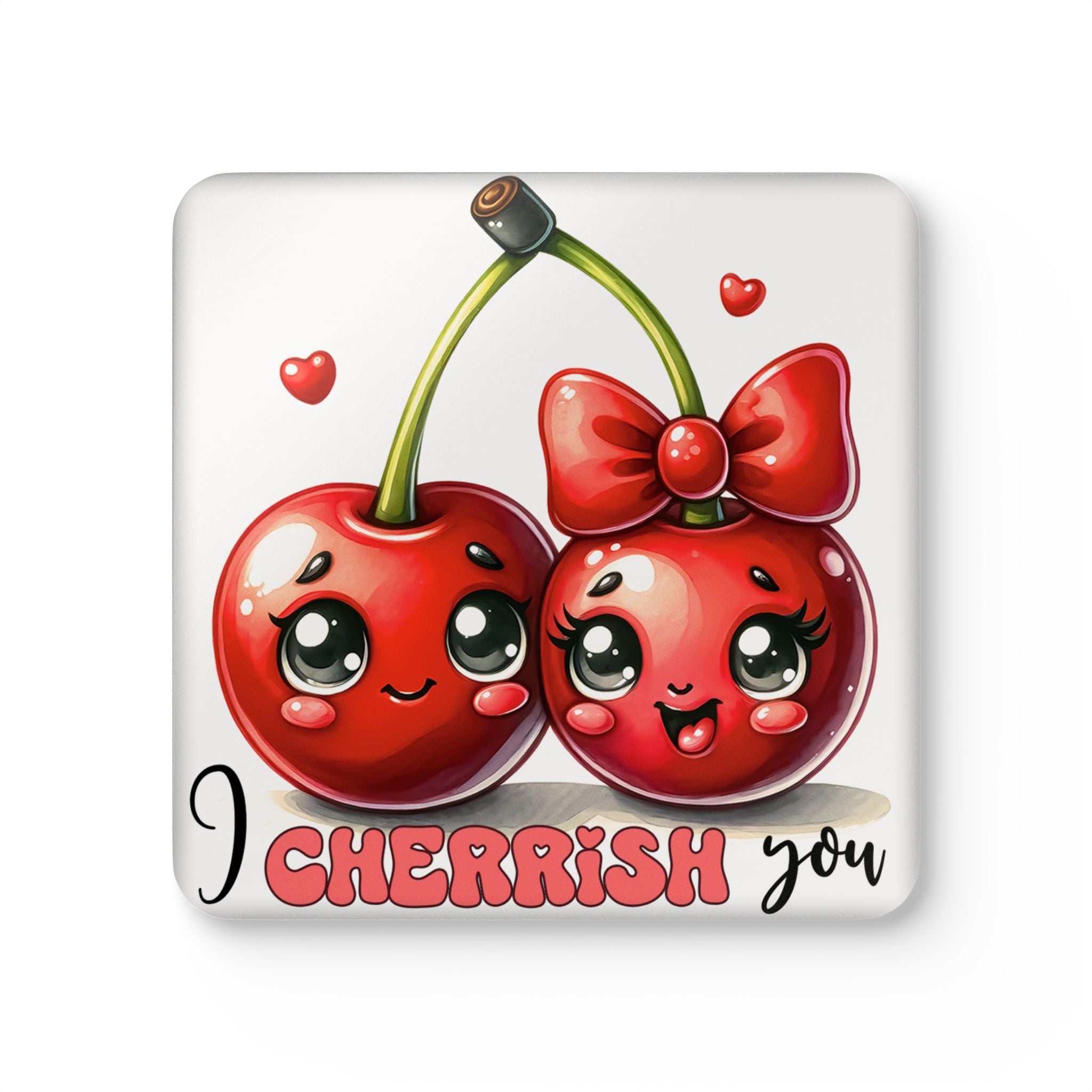 I Cherrish You Coaster Set with cute cherry design and playful text.