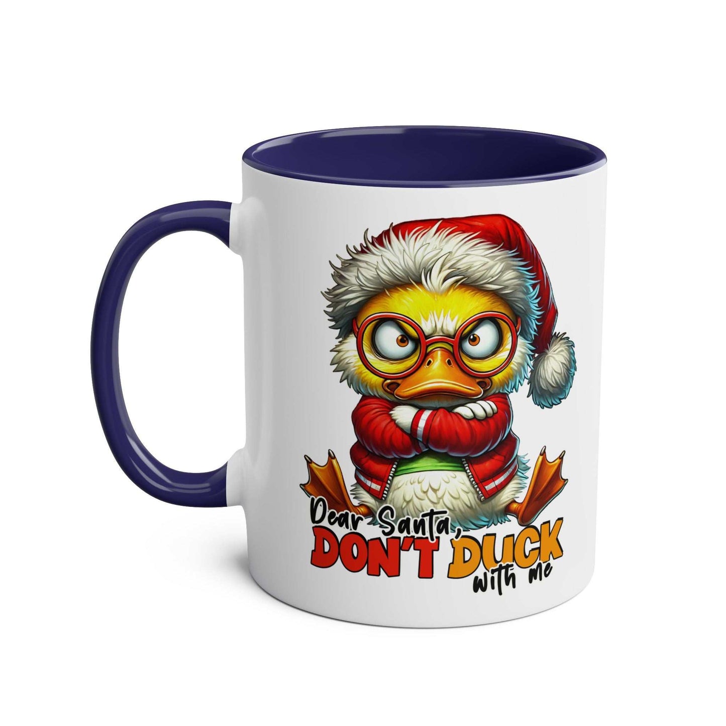 Sarky Christmas Mug with duck design, glossy finish, available in 7 colors, 11oz ceramic, microwave and dishwasher safe.