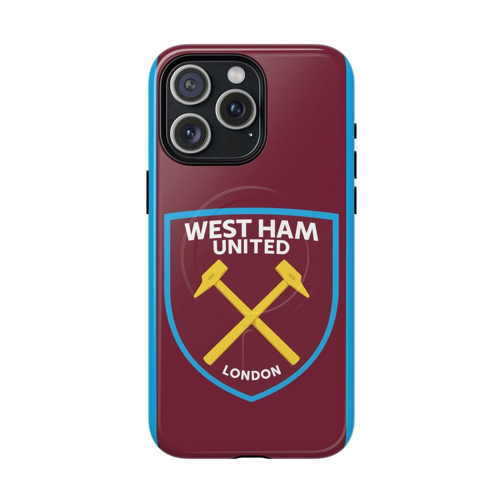 West Ham Utd MagSafe iPhone case with claret and blue colors and team crest, dual-layer protection and wireless charging compatible