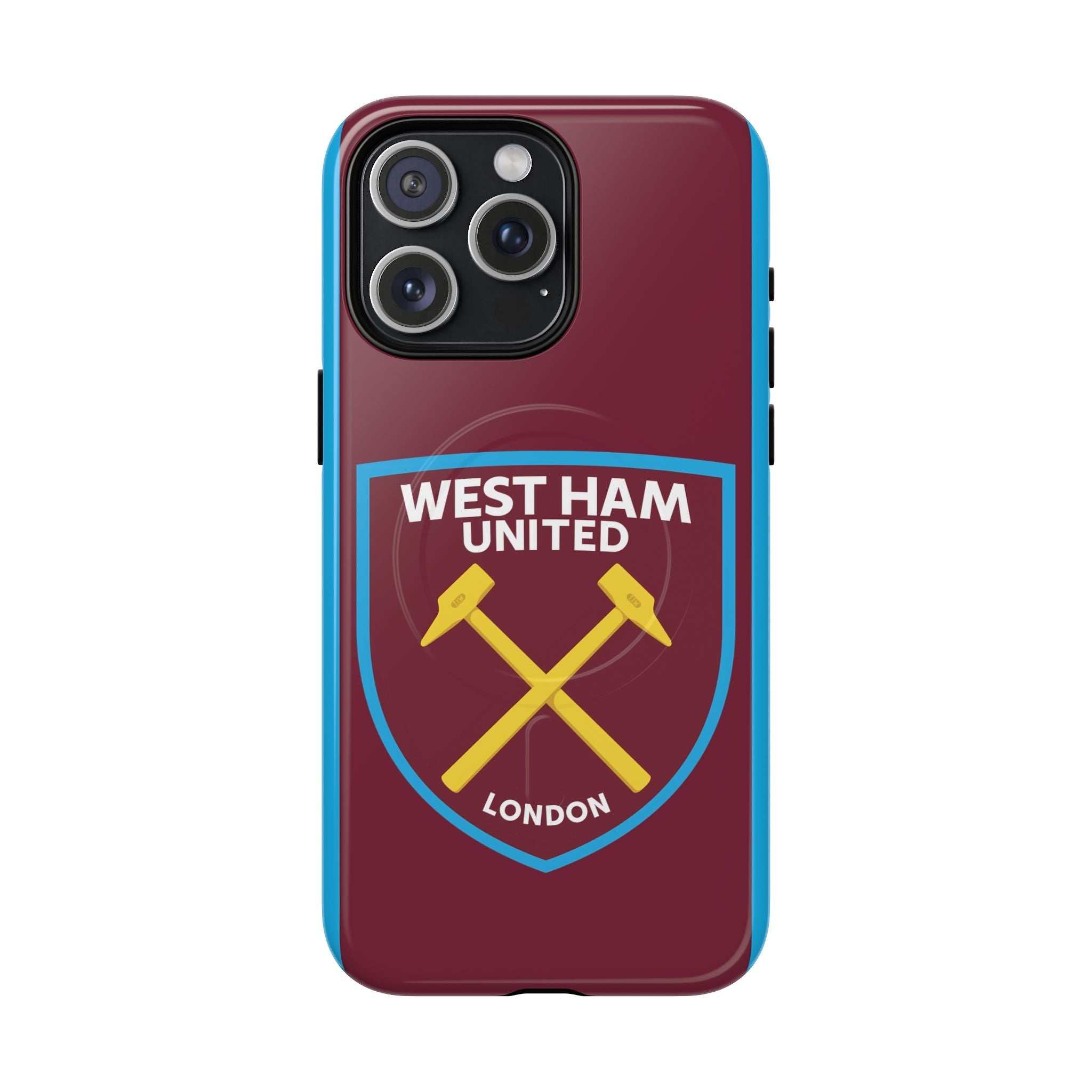 West Ham Utd MagSafe iPhone case with claret and blue colors and team crest, dual-layer protection and wireless charging compatible