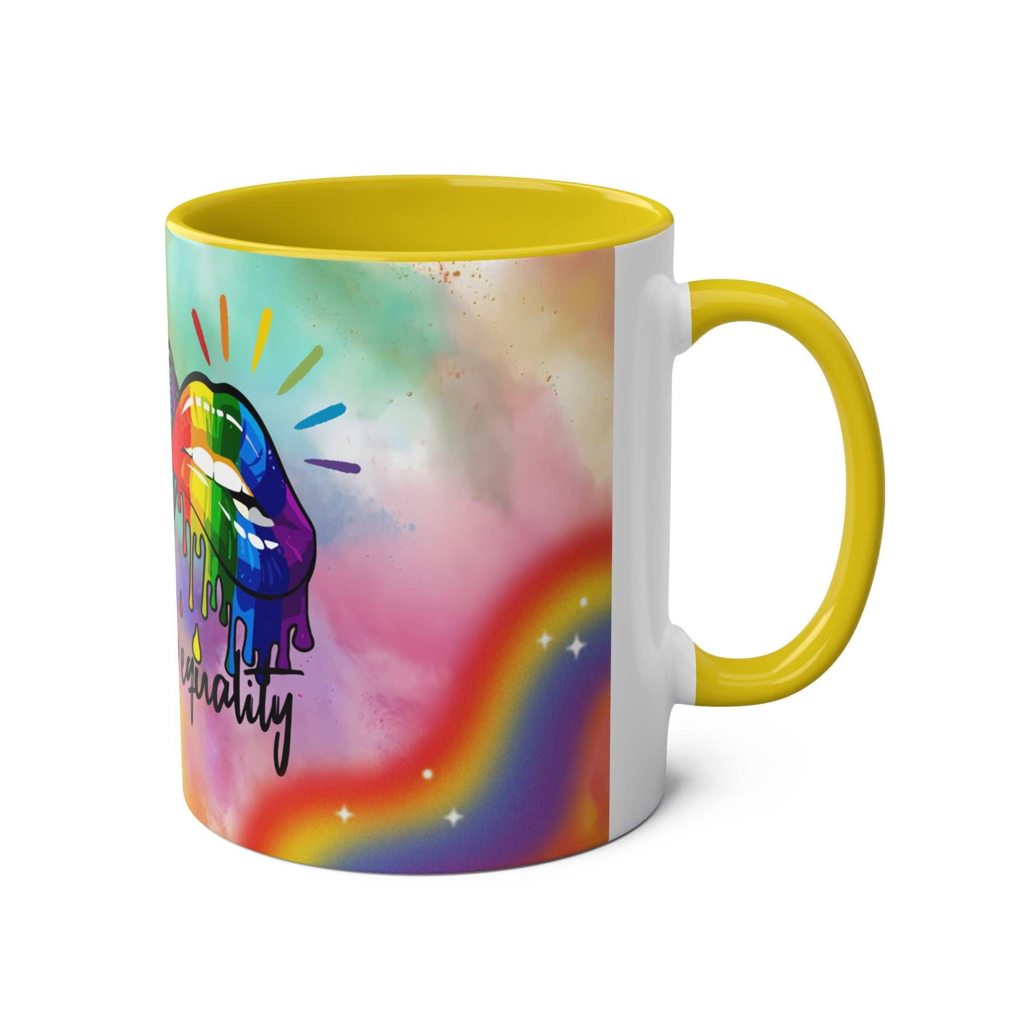 LGBTQ+ Pride Mug with vibrant rainbow design, 11oz ceramic, glossy finish.