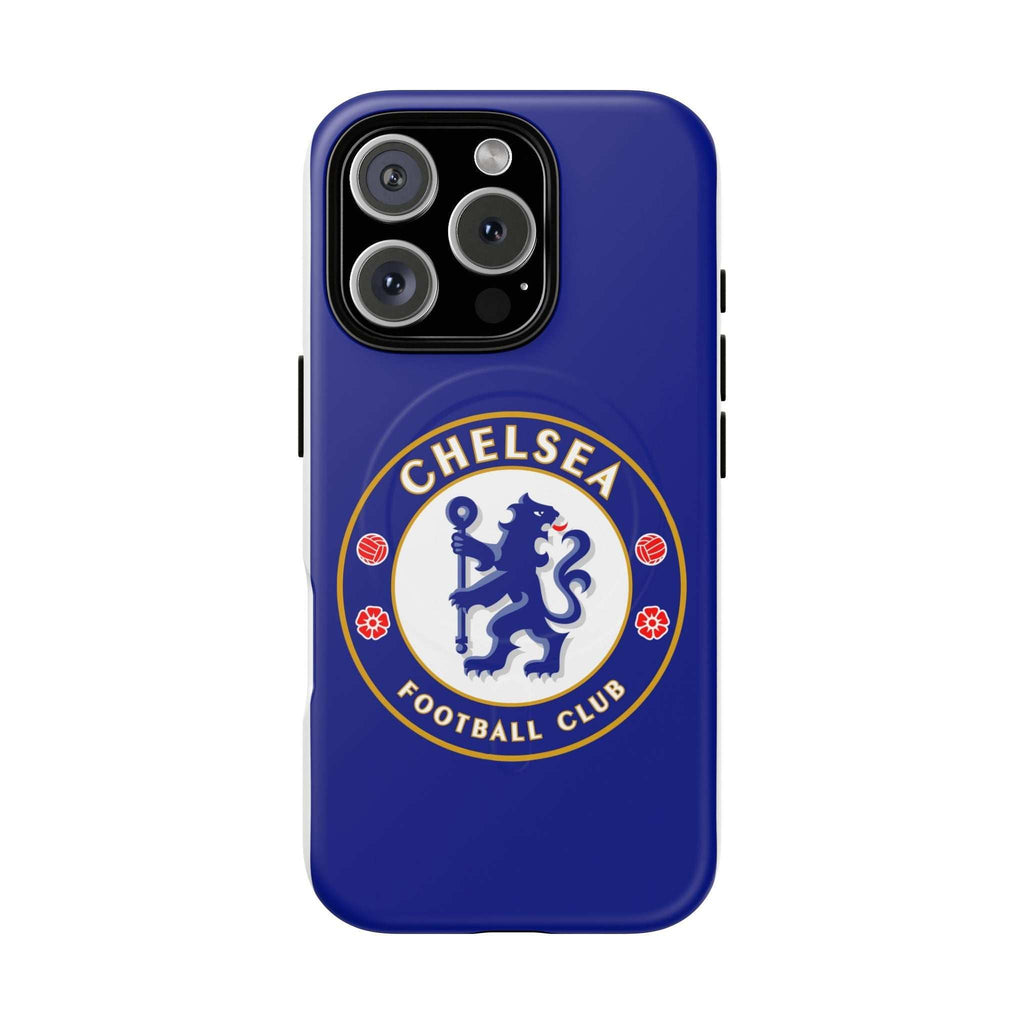 Chelsea FC MagSafe iPhone case with royal blue color and club crest, dual-layer protection and wireless charging compatible