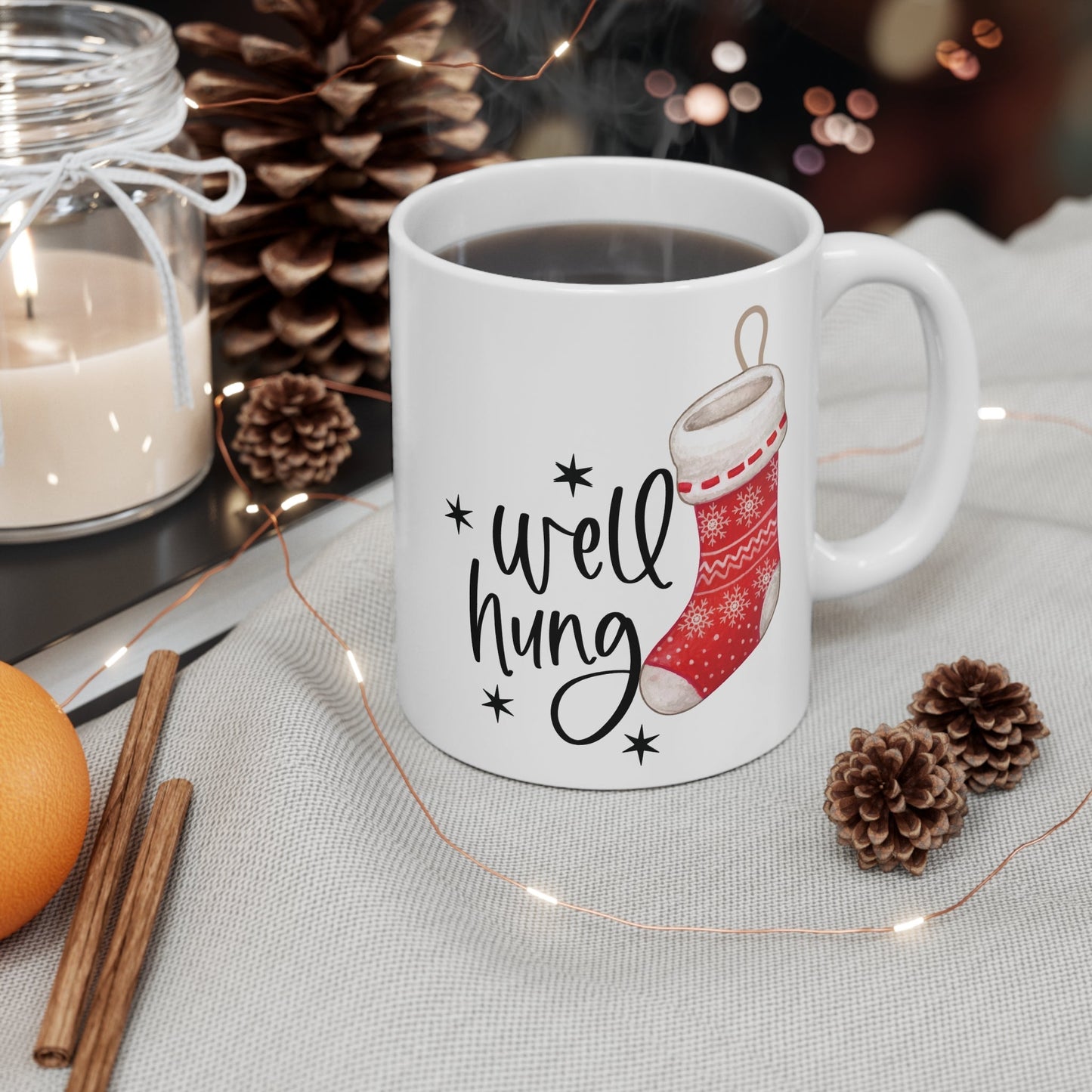 Cheeky Rude Christmas Mug with festive design and stocking graphic.