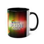 LGBTQ+ Pride Mug with vibrant rainbow design and "Happy Pride Month" text.