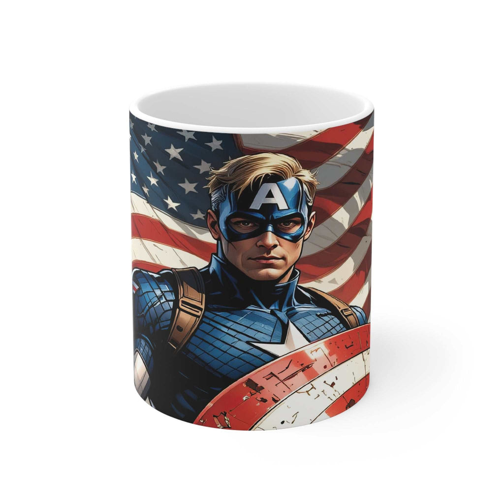 Captain America inspired Marvel ceramic mug with superhero design and American flag background