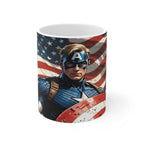 Captain America inspired Marvel ceramic mug with superhero design and American flag background