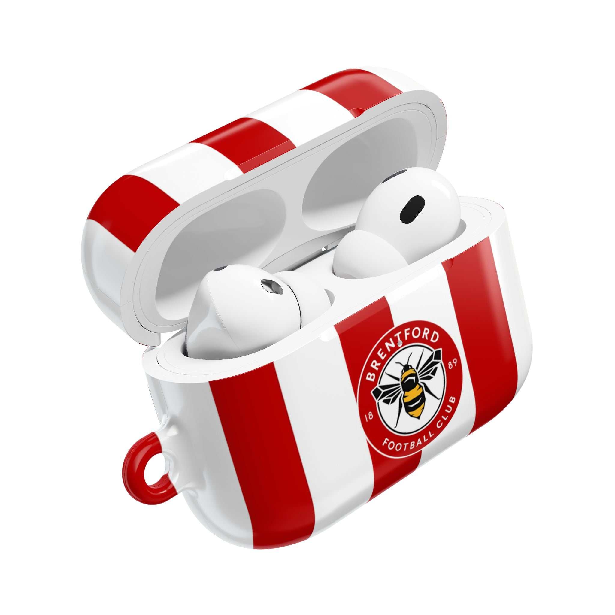 Brentford FC AirPods protective case with red and white stripes and bee crest, shock-resistant and wireless charging compatible