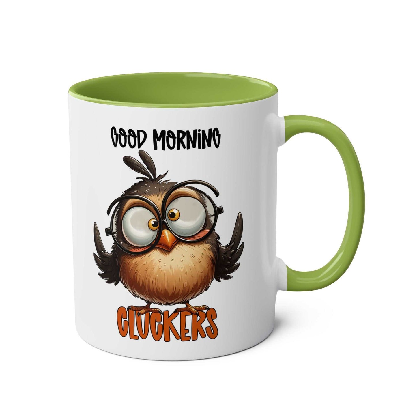 Funny "Good Morning Cluckers" coffee mug with a quirky owl design, available in seven colors, 11oz ceramic, glossy finish, microwave and dishwasher safe.