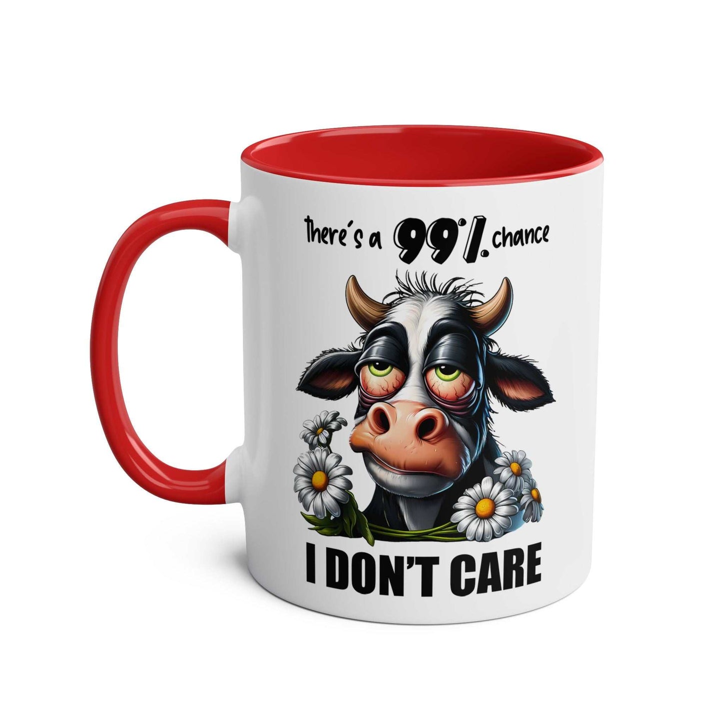 Sarky cow design I Don't Care coffee mug with humorous text, red handle and interior.