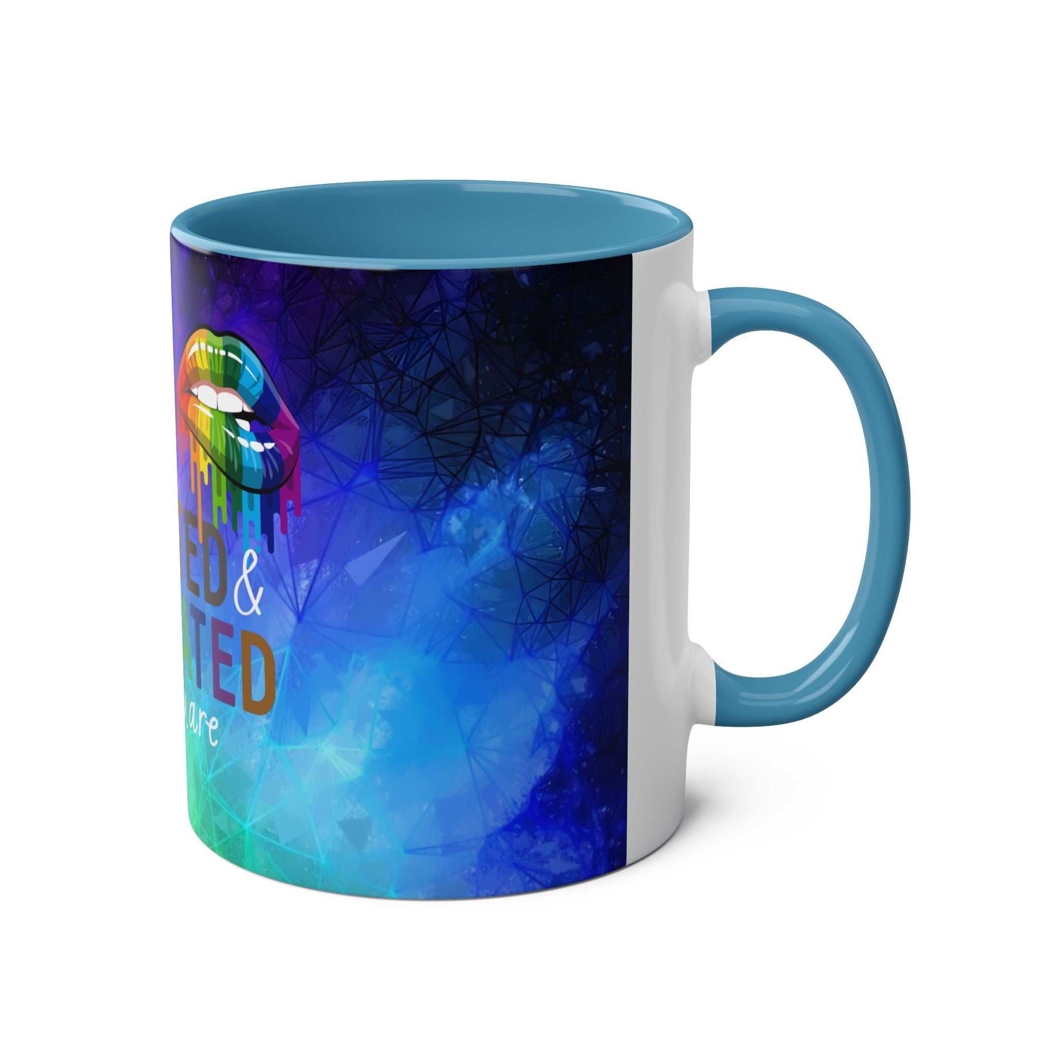 LGBTQ+ Pride Mug with vibrant rainbow design, ceramic, 11oz, glossy finish.