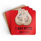Cheeky I Am Nuts About You coaster set, playful Valentine's gift, high-gloss MDF, cork back, non-slip, water-repellent.