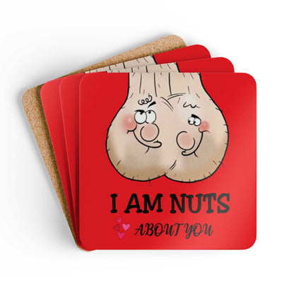 Cheeky I Am Nuts About You coaster set, playful Valentine's gift, high-gloss MDF, cork back, non-slip, water-repellent.