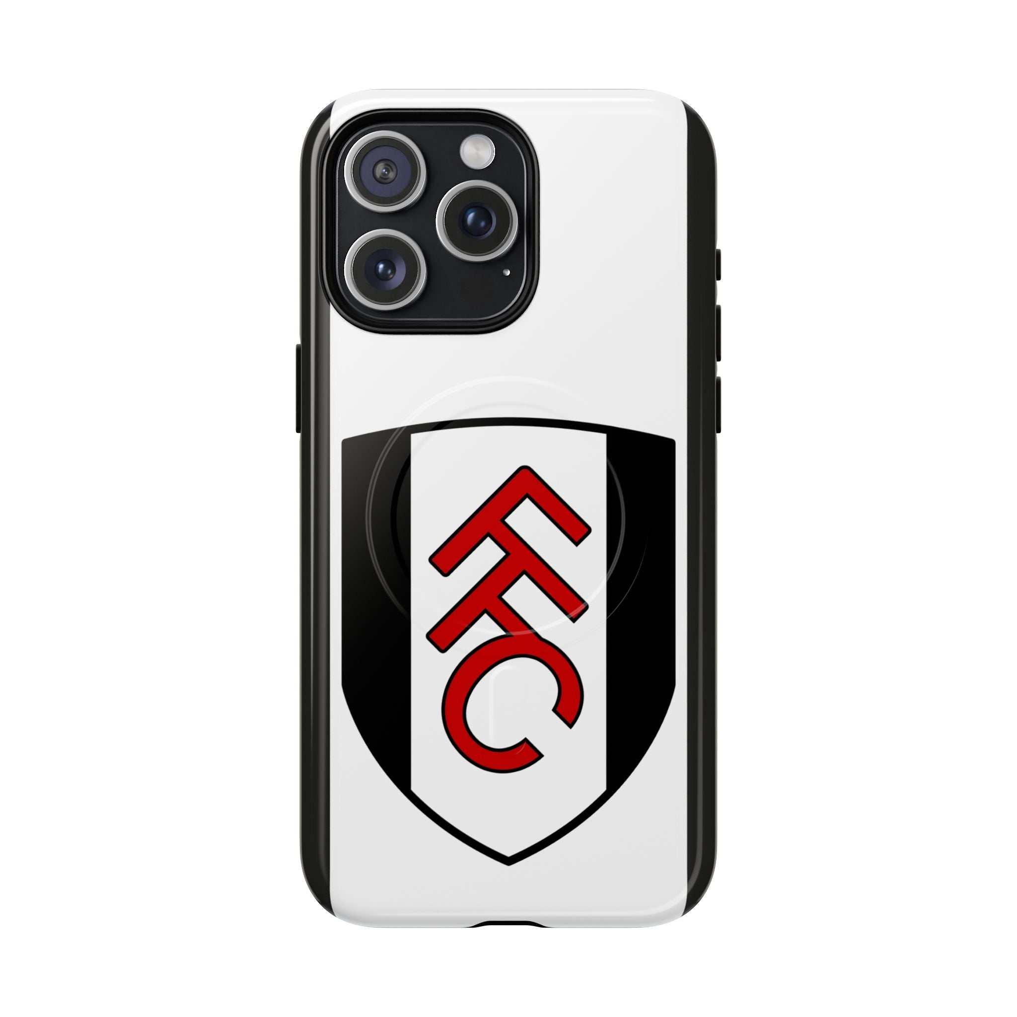 Fulham FC MagSafe iPhone case with shock-absorbing dual-layer protection and official-inspired black and white design