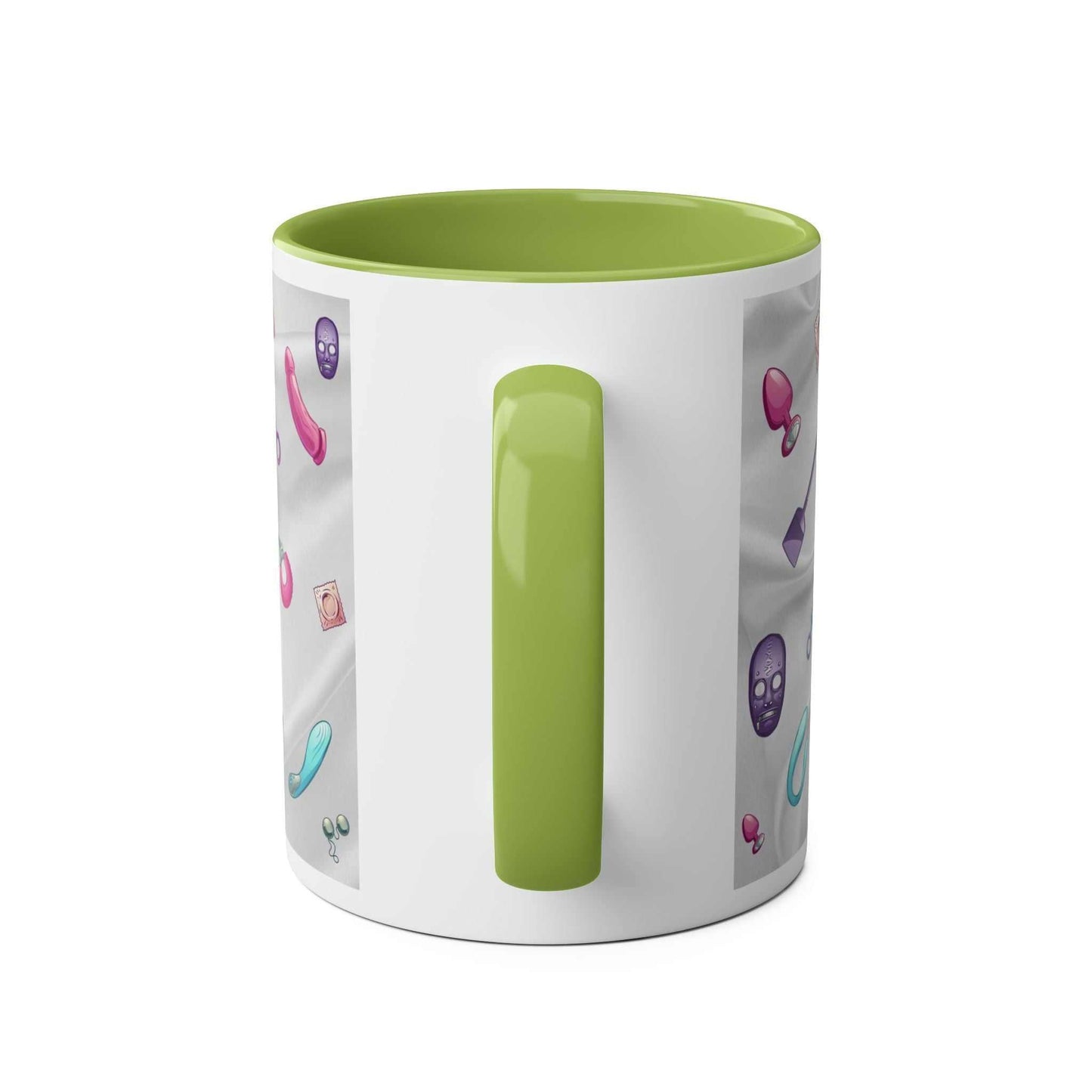 Fun Sex Toy Coffee Mug with playful design and green handle, 11oz ceramic, glossy finish.