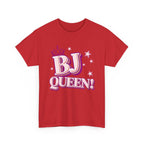 White BJ Queen T-Shirt with bold lettering and crown graphic, made from soft 100% cotton for comfort and style