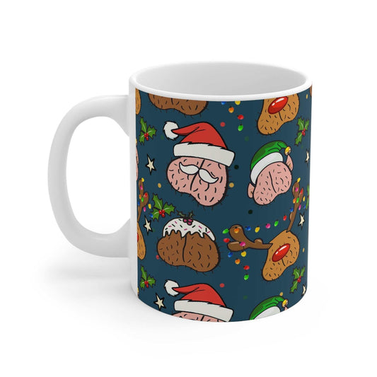 Cheeky fun Christmas mug with festive design, 11oz ceramic, glossy finish.