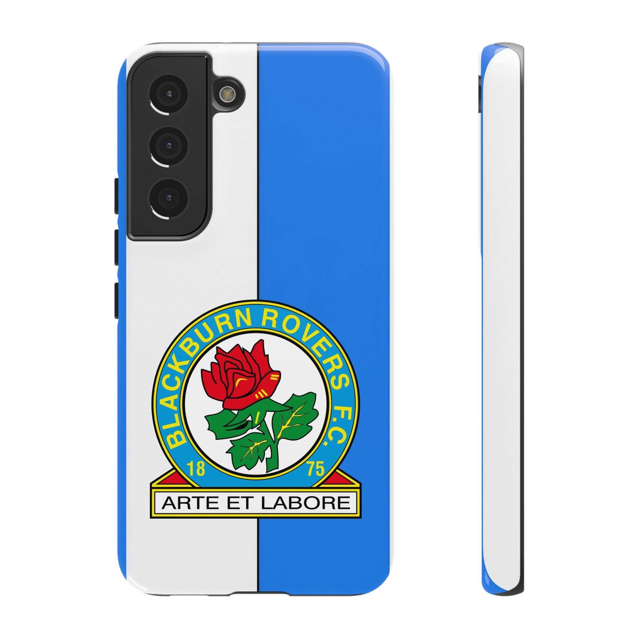 Blackburn Rovers magnetic Samsung phone case with blue white colors and official-inspired crest, dual-layer protection and wireless charging compatible