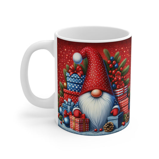 Christmas gnome mug with festive design and gifts, 11oz ceramic, glossy finish.