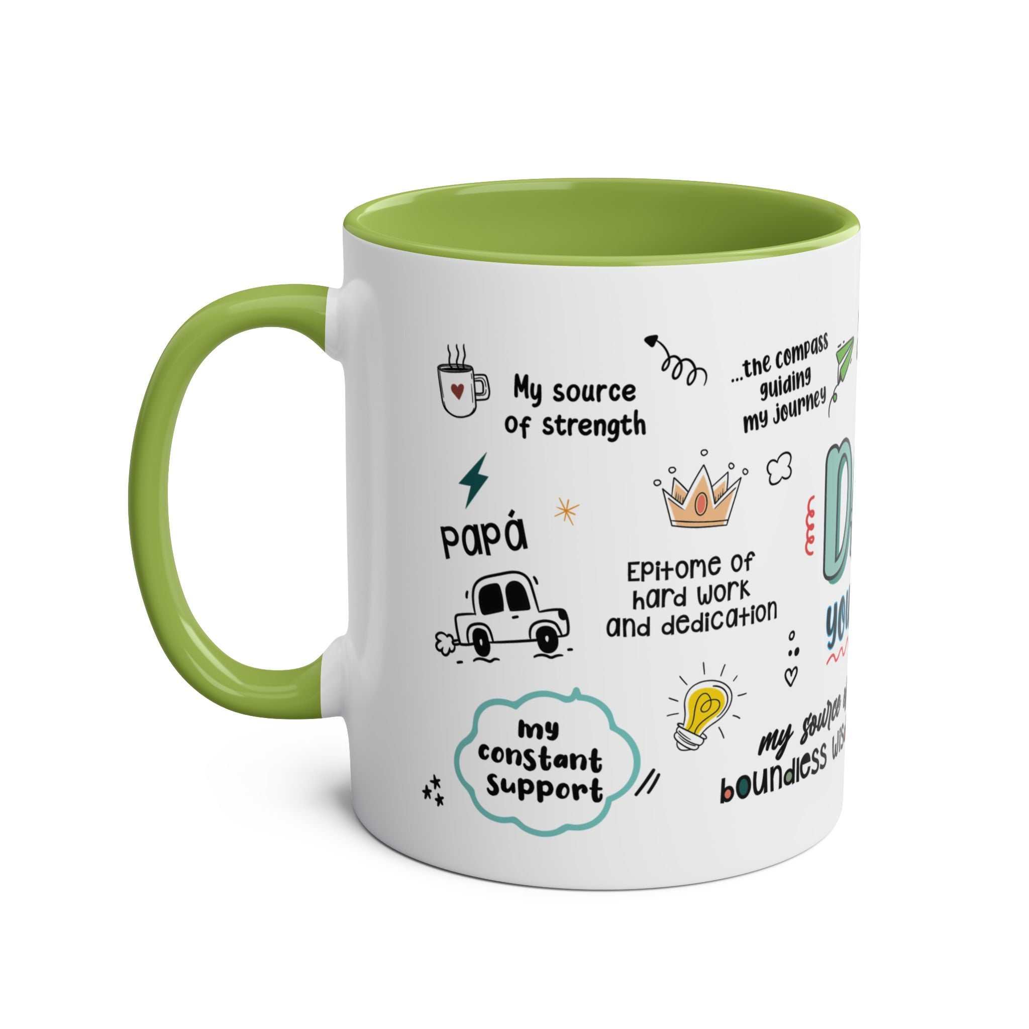 Fathers Day Gift Mug with fun illustrations and green interior.