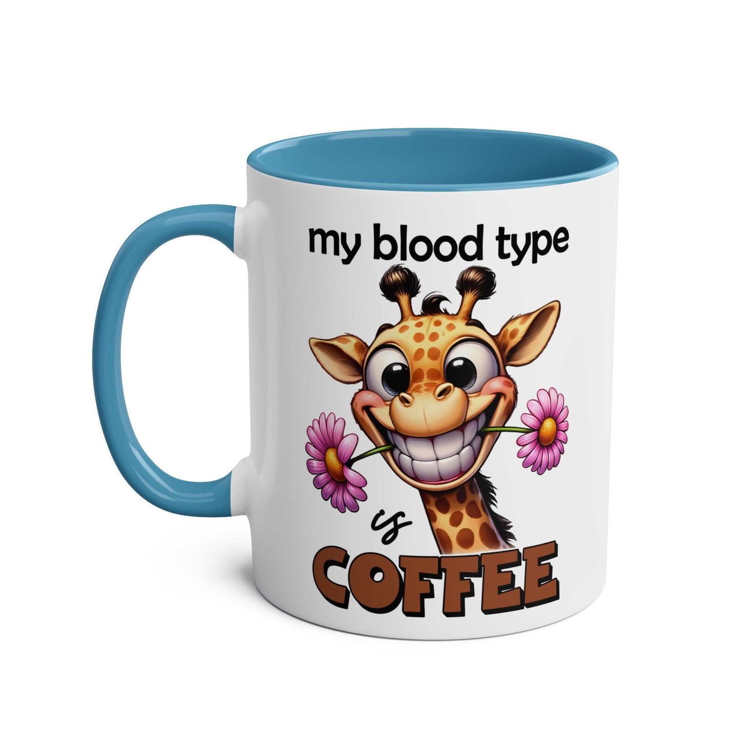 Funny giraffe design on "My Blood Type Coffee Mug," microwave and dishwasher safe, available in seven colors.