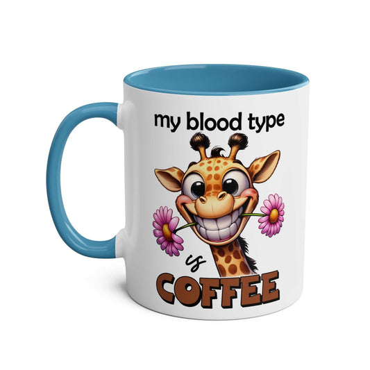 Funny giraffe design on "My Blood Type Coffee Mug," microwave and dishwasher safe, available in seven colors.