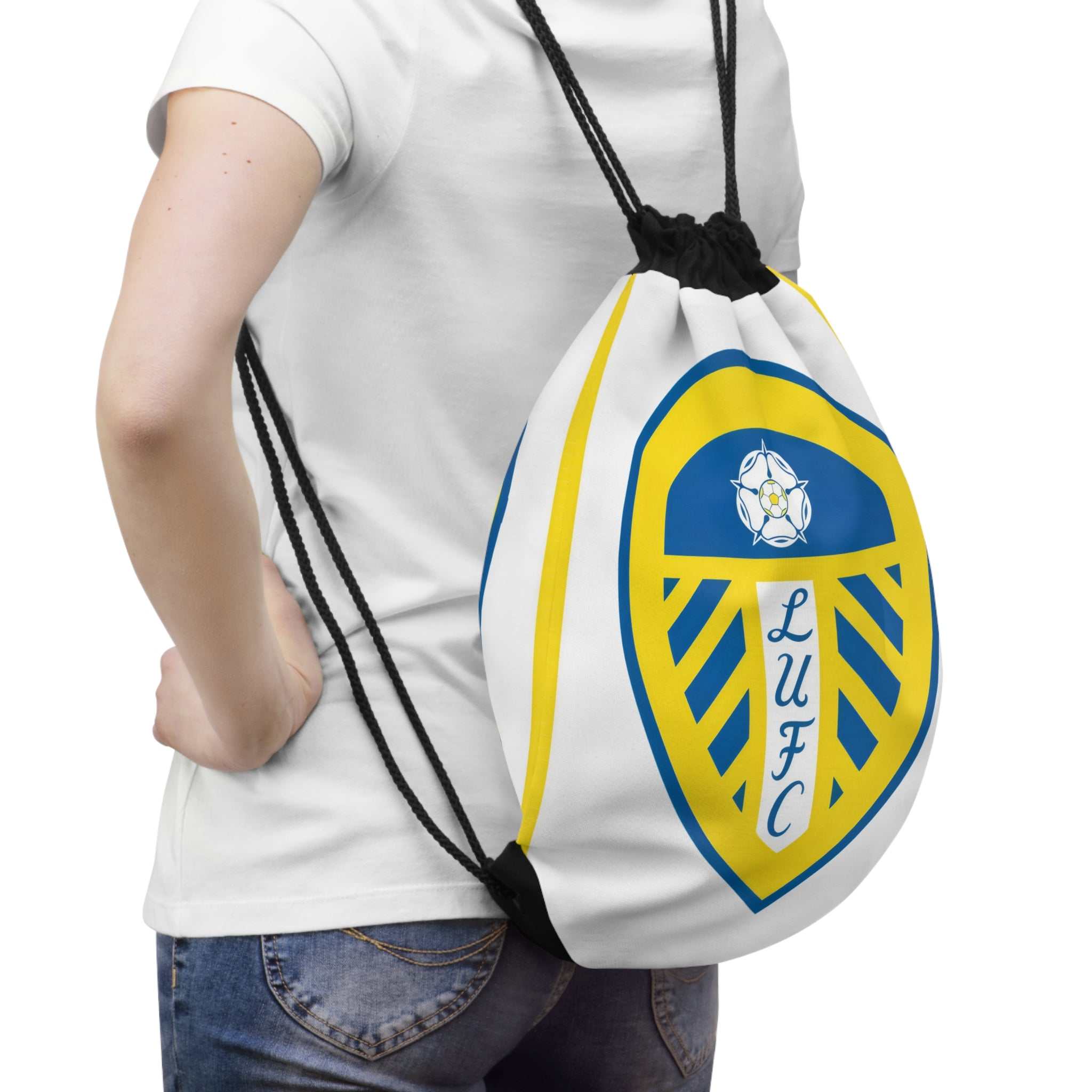 Leeds Utd drawstring bag in white and blue with club emblem, lightweight polyester, durable and spacious for gym or daily use.