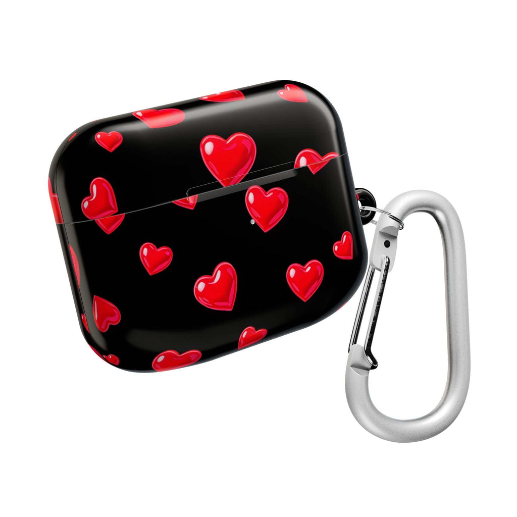 Black Hearts AirPods Case with red hearts on black hard shell and silver carabiner clip