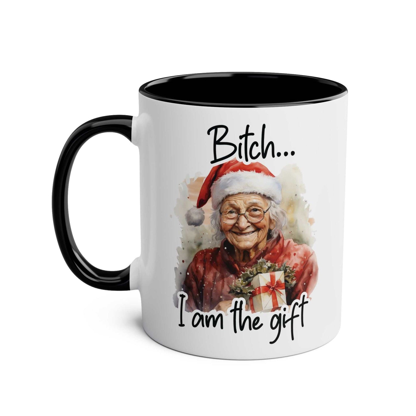 Sweary Granny Christmas Mug featuring colorful holiday design with cheeky text, perfect for festive fun.