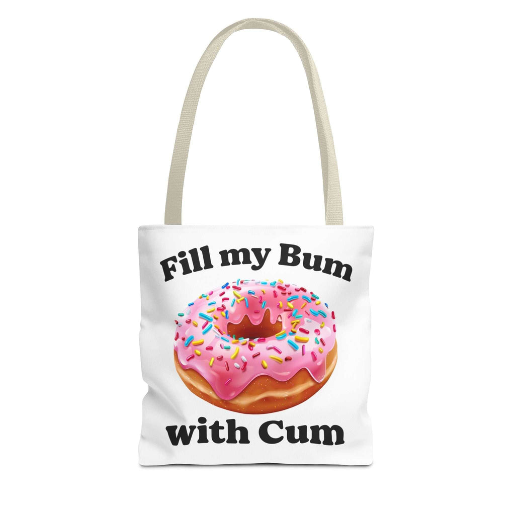 Provocative donut tote bag with cheeky design and durable spun polyester fabric, available in three sizes and multiple handle colors