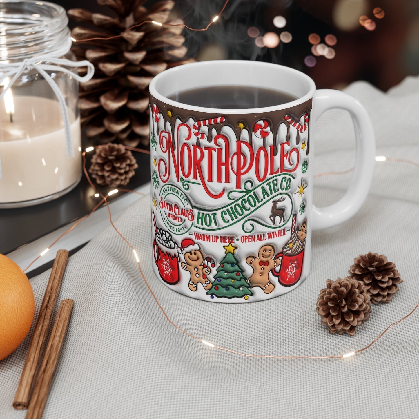 North Pole Christmas Mug with festive design, 11oz ceramic, microwave and dishwasher safe.