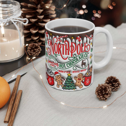 North Pole Christmas Mug with festive design, 11oz ceramic, microwave and dishwasher safe.