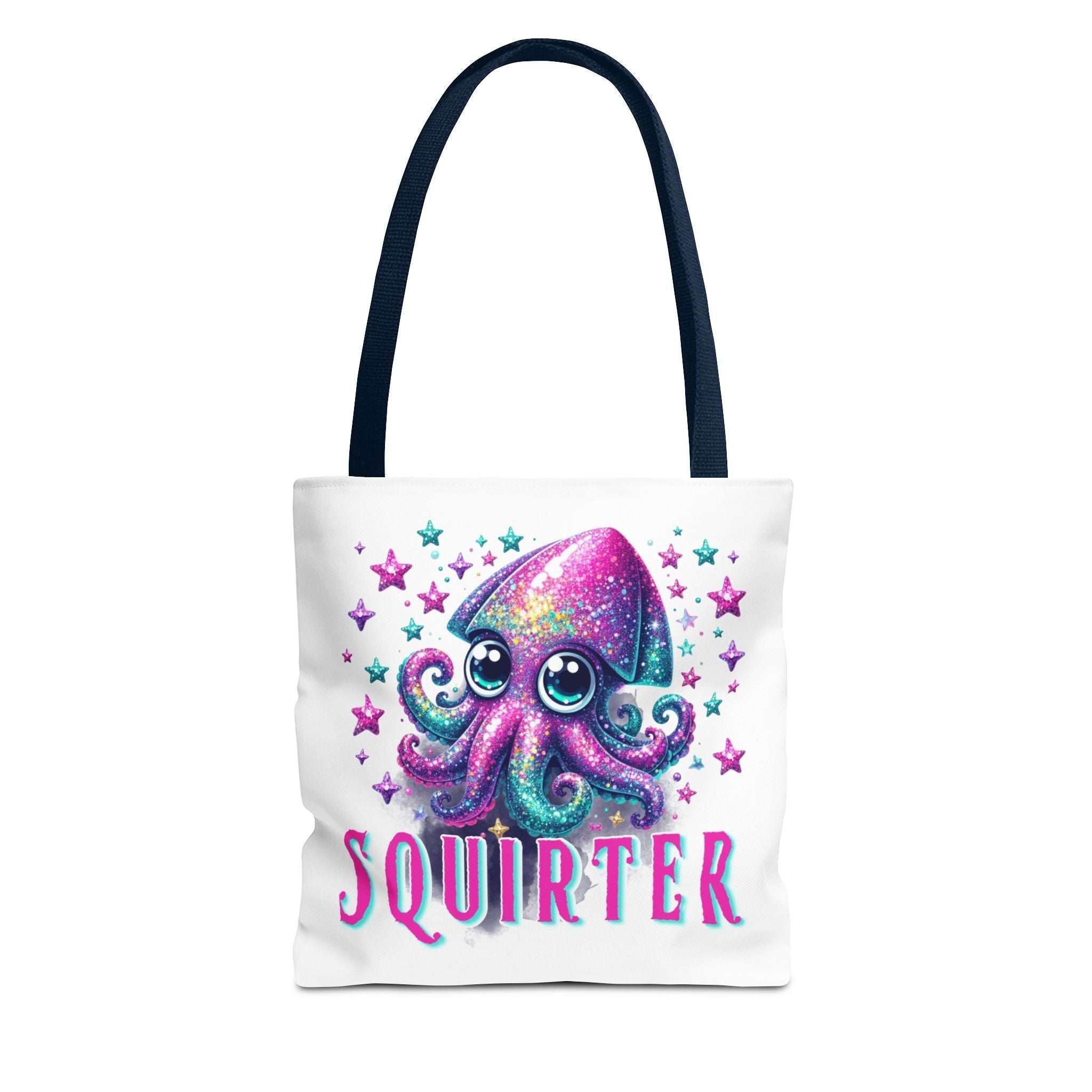 Squirter Squid Tote Bag with cheeky print, durable spun polyester, multiple sizes and handle color options