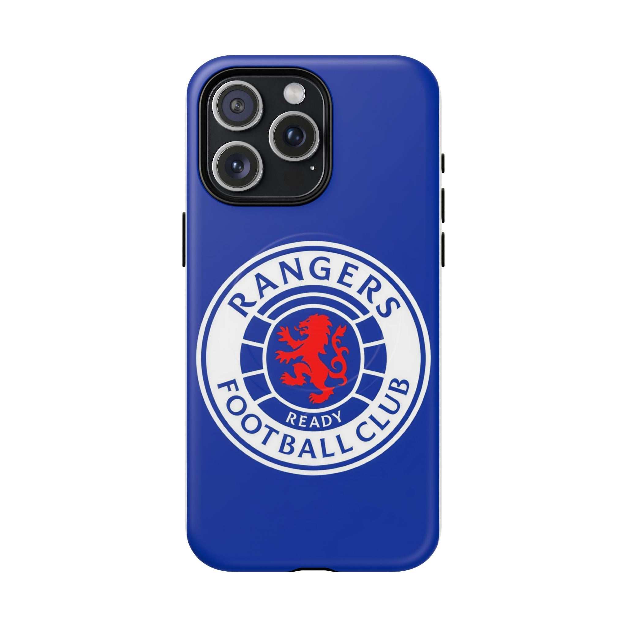 Rangers FC MagSafe iPhone Case with royal blue color and football club crest, dual-layer protective design