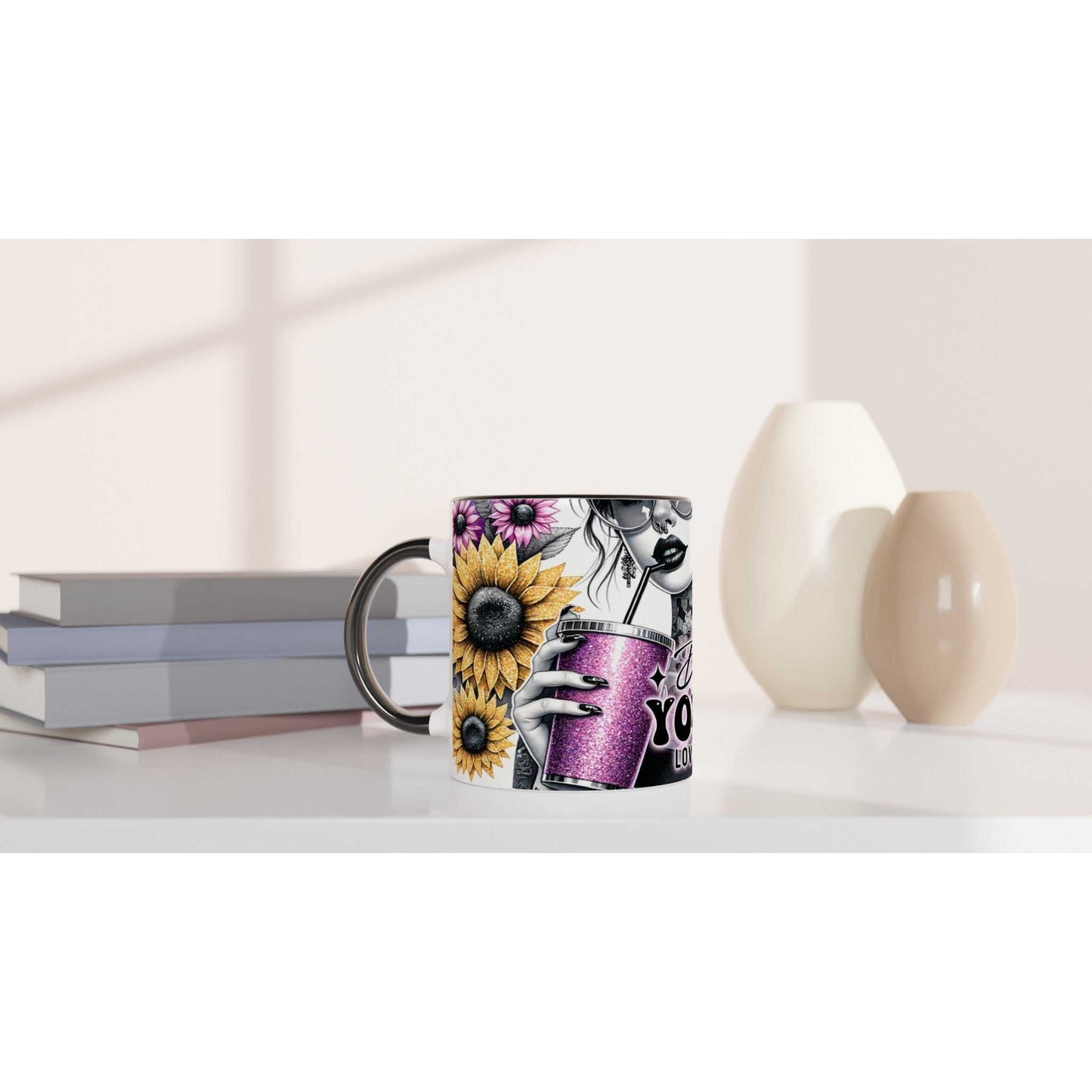 Motivational coffee mug with vibrant design and "Do What You Love" quote, ideal for hot beverages.