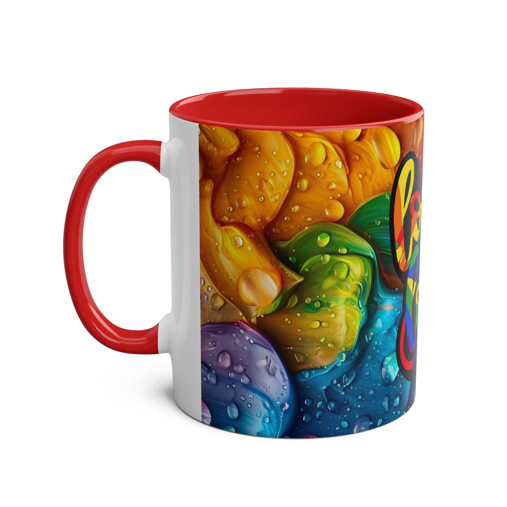 LGBTQ+ Pride ceramic mug with vibrant rainbow design and red handle.