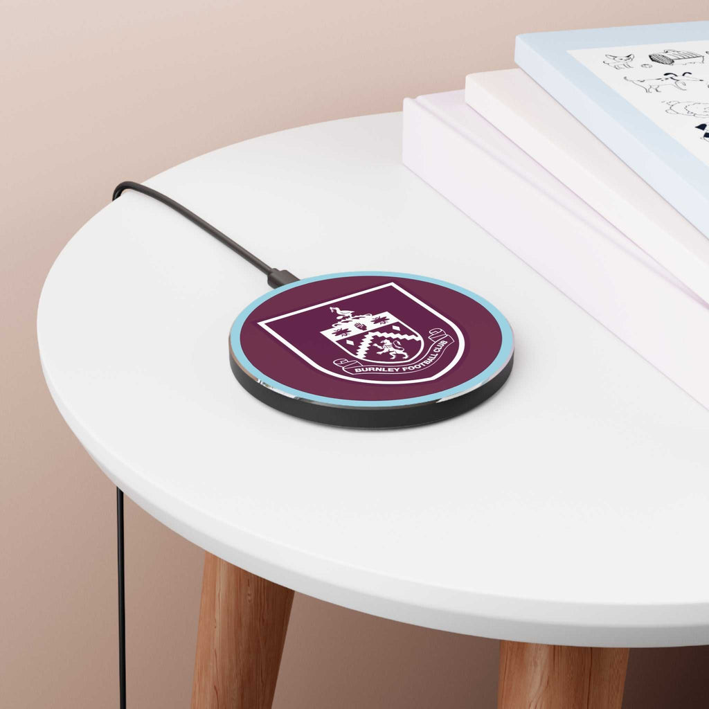 Burnley FC wireless charger with claret and blue design, 10W fast charging, aluminium casing, and non-slip base.