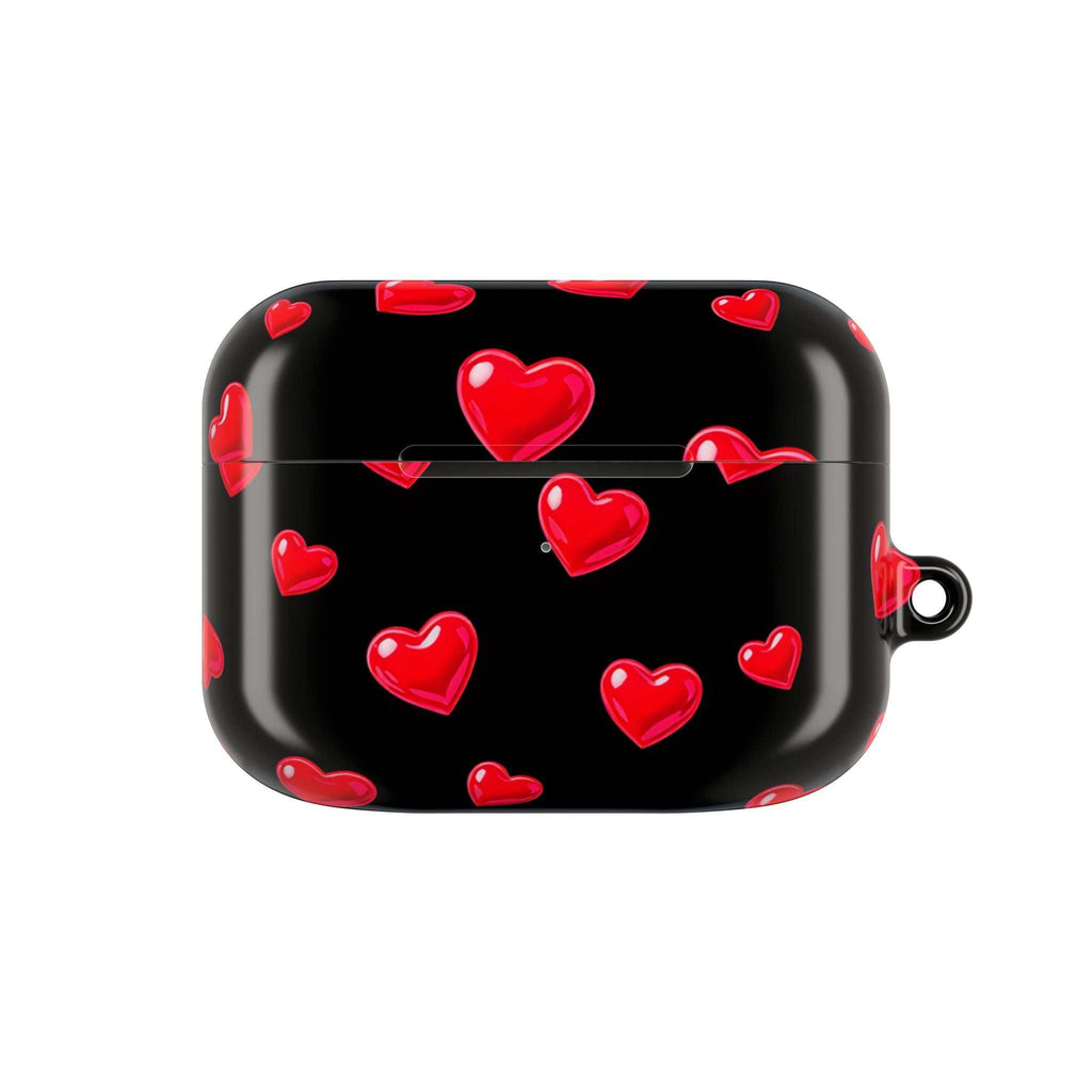 Black protective AirPods case with red hearts pattern, durable hard shell, compatible with AirPods and AirPods Pro, glossy finish