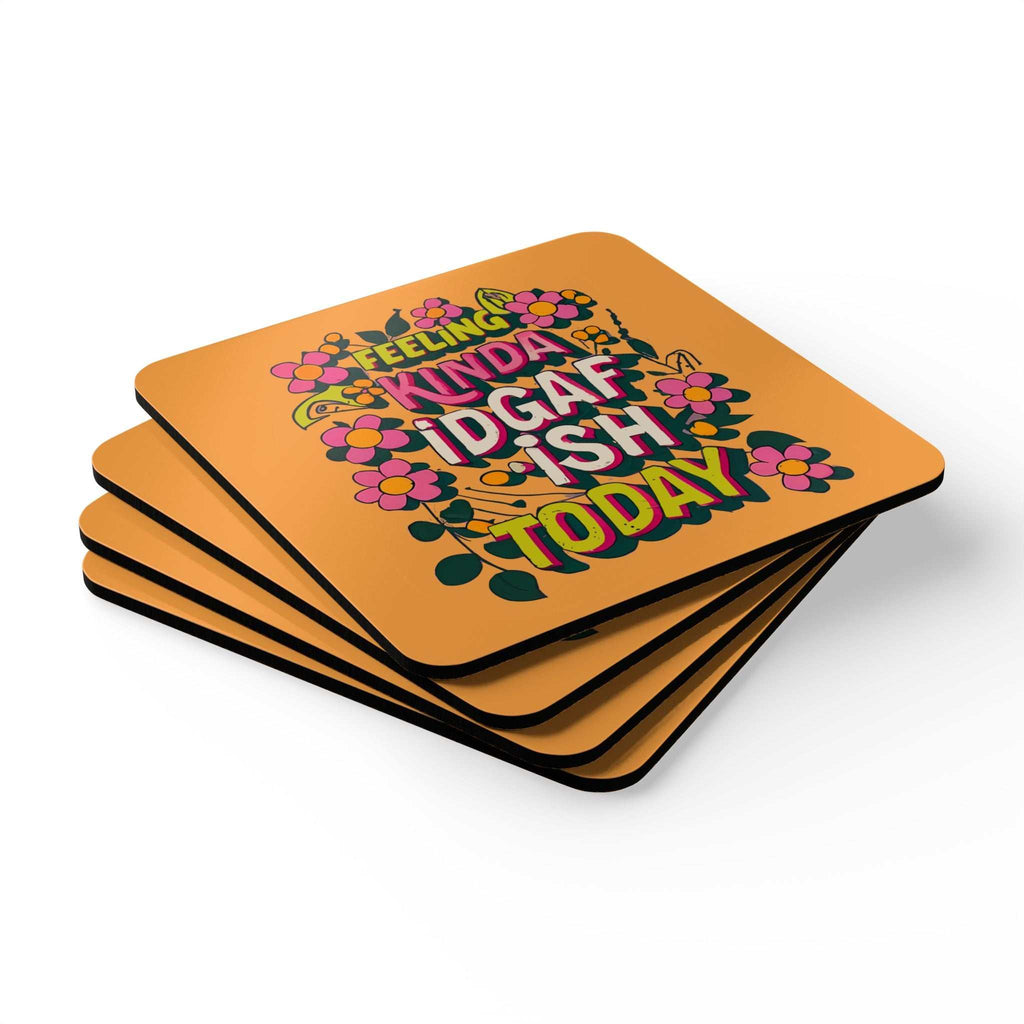 Feeling Kinda IDGAF Today coaster set with floral design, high-gloss top, and cork back, 4-piece.