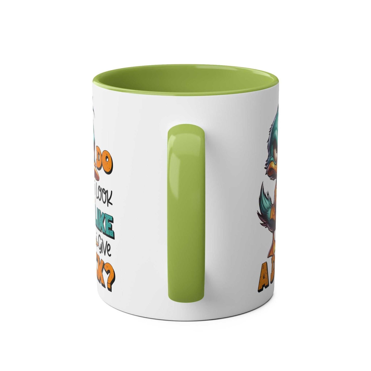 Green and white "Give A Duck Coffee Mug" with a playful duck design, available in 7 colors.